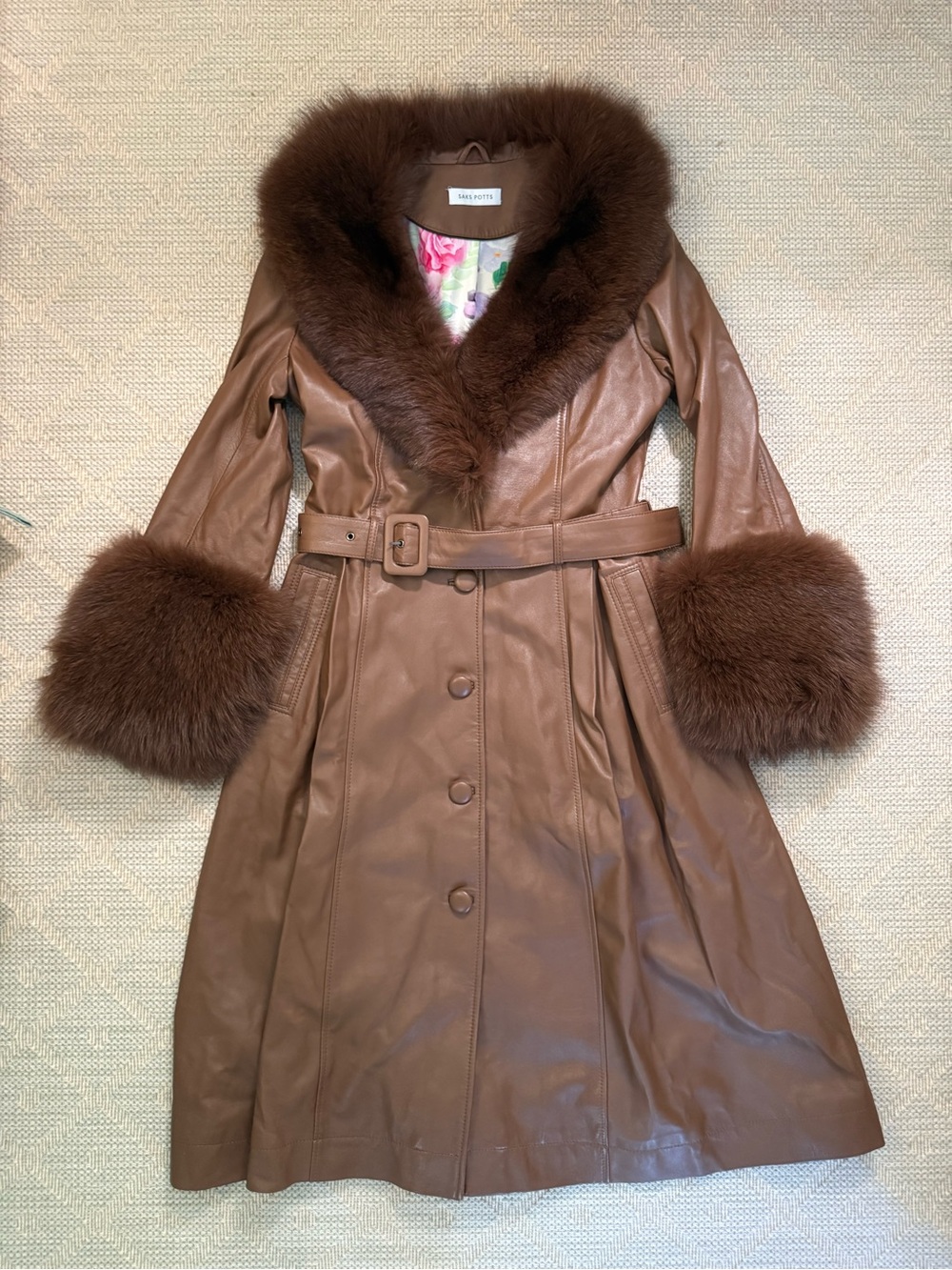 Saks Potts Brown Leather Trench Coat with Fur Trim